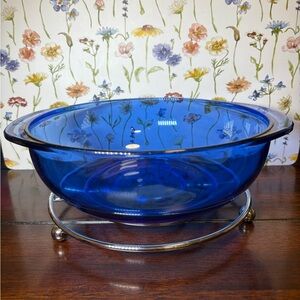 Pyrex cobalt blue 2qt round mixing bowl casserole dish W/ trivet VINTAGE